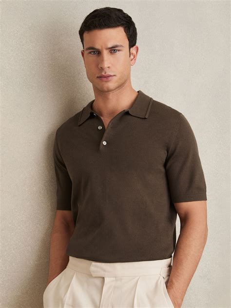 Reiss Merino Wool Short-Sleeve Polo Shirt in Chocolate Brown | REISS