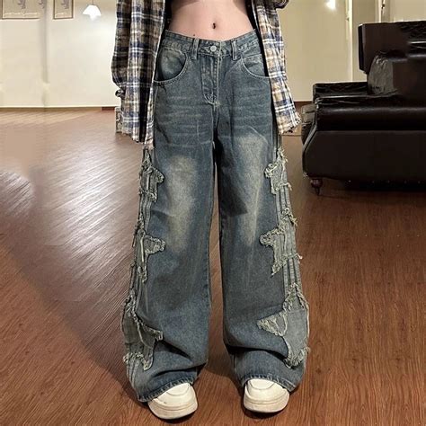 TIANZEN Women Cow Washed Old Star Patch Jeans Mid Waist Draping Loose ...