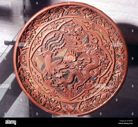 Lacquered dish. Chinese dragon,phoenix and floral motifs. Ming dynasty ...
