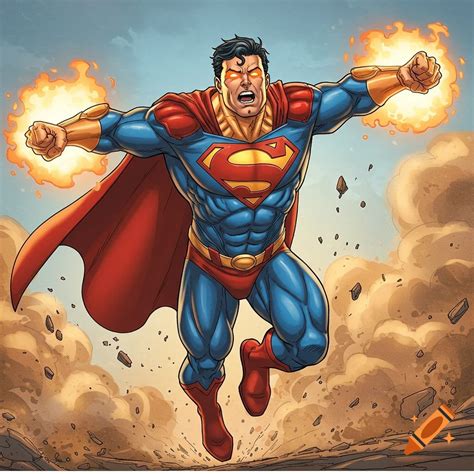 Superman flies forward in a dynamic pose, eyes glowing, fists ...