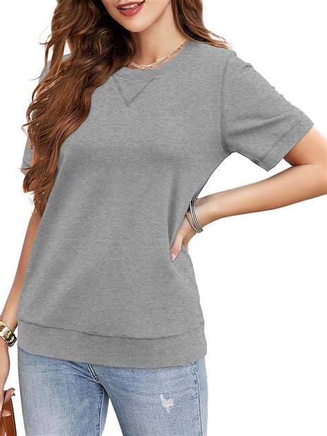 Amazon.com: Elesomo Short Sleeve Sweatshirts for Women Cotton Crewneck ...