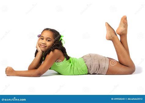 Cute Little Girl Lie on the Floor Stock Photo - Image of cheerful ...