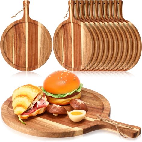 Tanlade 12 pack Acacia Wood Cutting Board Bulk with Handle Round Wooden ...