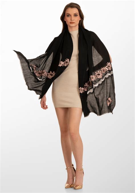 Black Cashmere Scarf with Lt. Copper Floral Embroidery and Black Filig