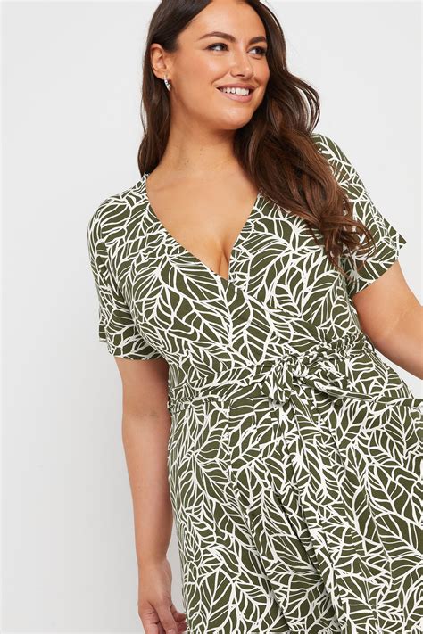 YOURS Plus Size Khaki Green Leaf Print Wrap Maxi Dress | Yours Clothing