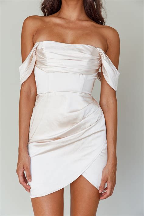 Shop the Night To Remember Off-Shoulder Satin Dress Champagne