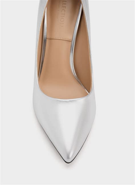 Silver Metallic Leather Flare Heel Pumps - CHARLES & KEITH QA