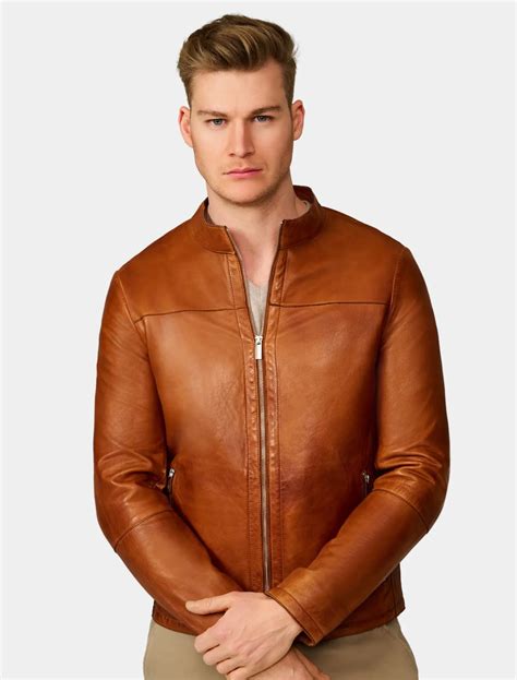 Men's Classic Tan Leather Bomber Jacket - Mens Leather Wear