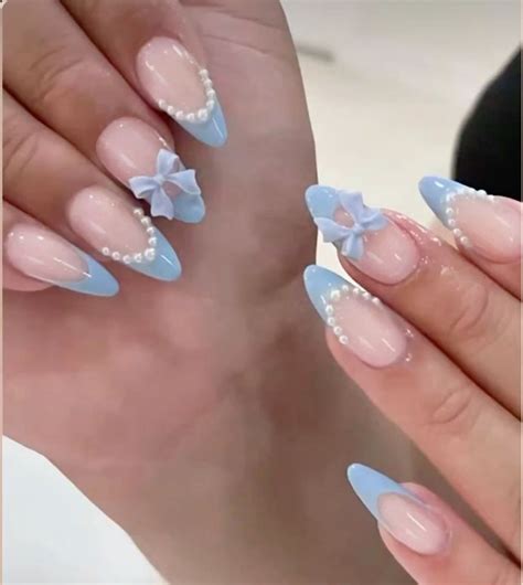 Cute Coquette Baby Blue Light Blue Nails Bows Pearls Nail Inspo nel ...