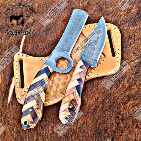 Custom handmade Damascus steel cowboy and bull cutter knife set – Lazy ...