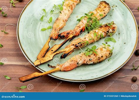 Large Shrimp Grill, Prawns Kebab Stock Photo - Image of appetizer ...
