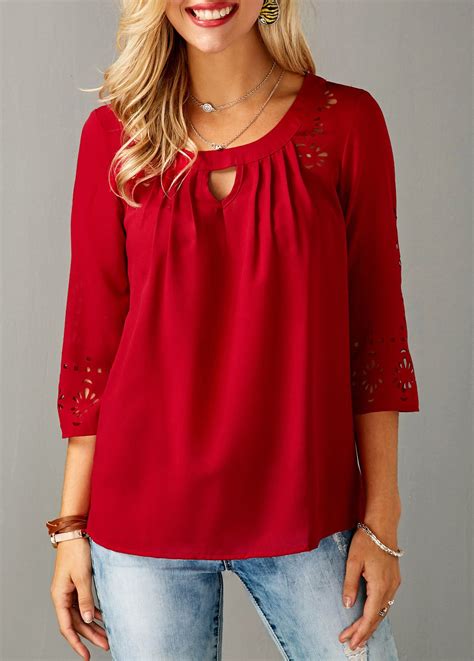 Three Quarter Sleeve Laser Cut Out Red Blouse | Rosewe.com - USD $31.40 ...