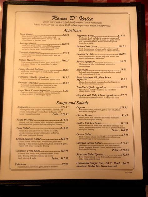 Menu at Roma D' Italia pizzeria, Tustin, 611 El Camino Real