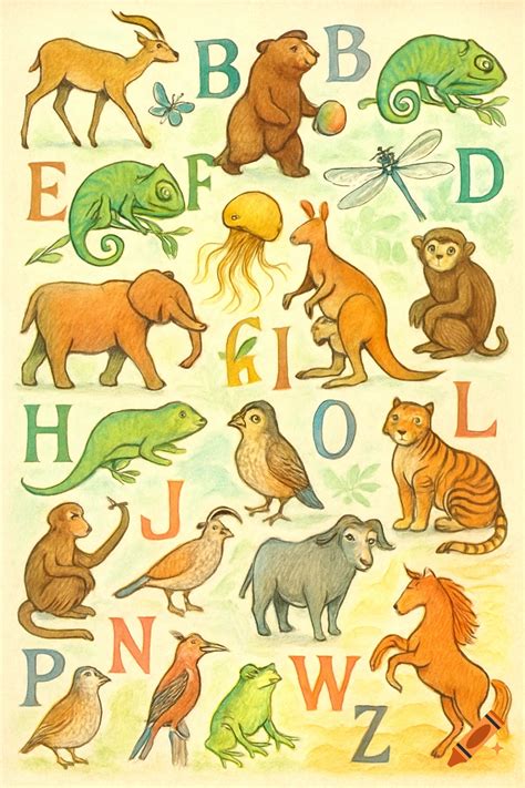 A colorful vintage-style alphabet poster illustrating various cartoon ...