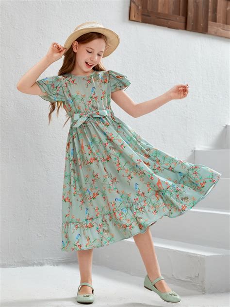 garotas Vestido com cinto impressão floral bainha com babado | Kids ...