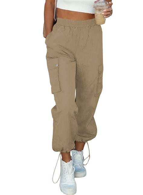 EVALESS Khaki Cargo Pants Women Baggy Petite Casual Adjustable Elastic ...