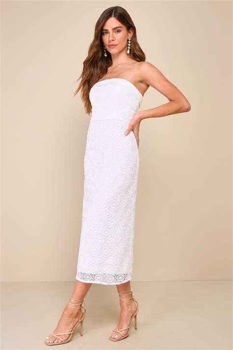 Chic Intent White Crochet Textured Strapless Midi Dress in 2024