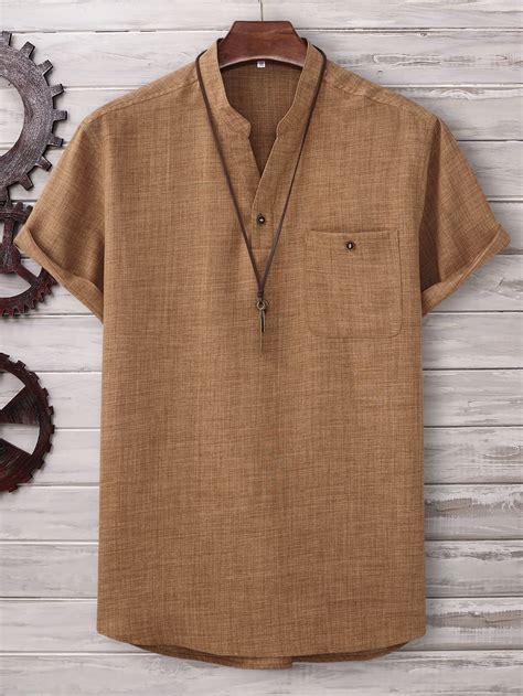 Men Patched Pocket Notched Neckline Shirt | Mens shirts, Casual shirts ...