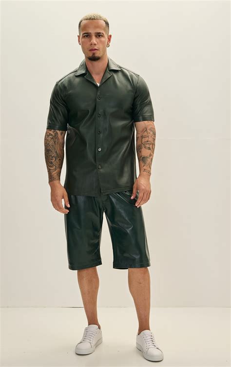 Short Sleeve Leather Shirt Jacket - Green - GREEN / 4XL (48 US ...