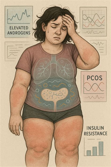 Woman with PCOS struggling with hormonal chaos, transparent overlay showing elevated androgens ...