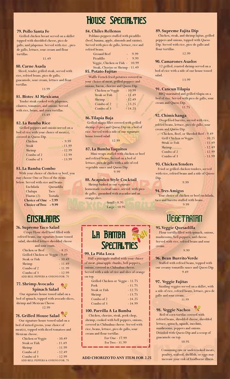 La Bamba Mexican Grill menu in Tuscaloosa, Alabama, USA