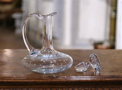 Mid-Century French Glass Wine Carafe Decanter with Stopper and Handle ...