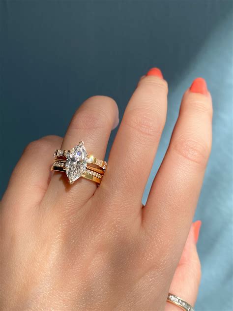 Marquise Diamond Engagement Ring Yellow Gold Wedding Band Ring Stack ...