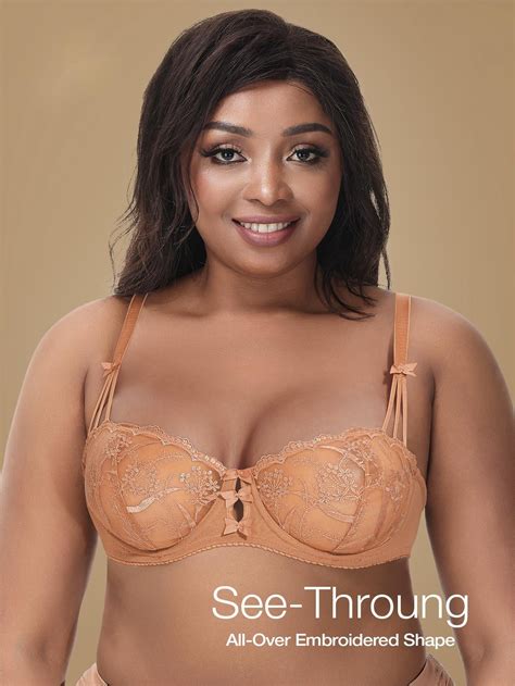 Deyllo Women’s Unlined Lace Bra Plus Size 1/2 Cup Demi See Through Non ...