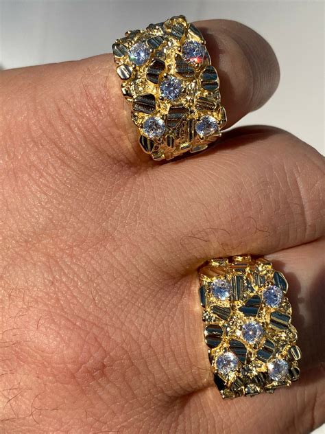 Mens REAL Solid 925 Sterling Silver - 14k Gold Finish Diamond Nugget ...