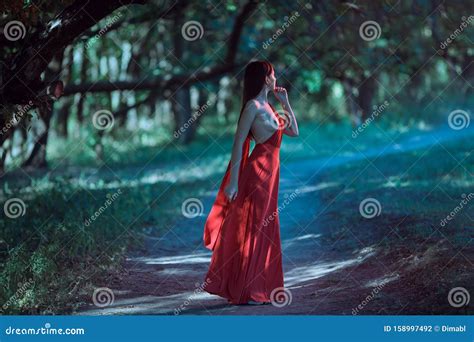 Woman with Naked Breast in Red Dress in Fairy Forest. Stock Photo - Image of female, figure ...