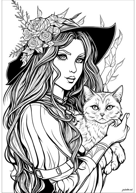 Bewitching witch and her cat - Halloween Coloring Pages for adults