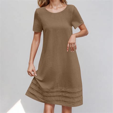 Ayolanni Brown Sun Dresses Women Knee-Length Loose Cotton Linen Short ...