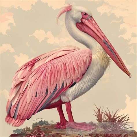 Pink Pelican, Detailed Feathers, Pastel Sky, Wildlife Art, Elegant ...