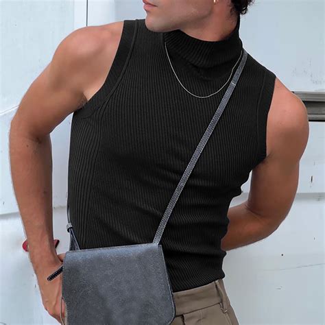 Leesechin Mens Mock Turtleneck Tee Shirts Sleeveless Casual Basic Slim ...