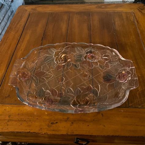 Home Beautiful Crystal Tray Rose Pearls 15 Handled Oblong Serving ...