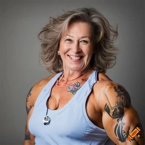 Portrait of a mature muscular female bodybuilder in a sleeveless medical uniform on Craiyon