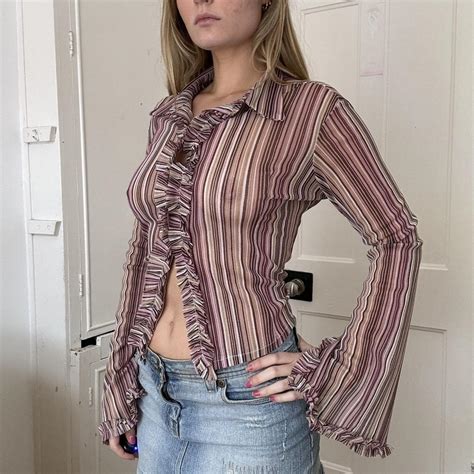 Vintage Jane Norman pinstripe mesh shirt with hook... - Depop