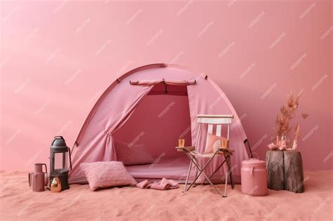 Premium Photo | A pink tent set up in a desert with a lamp and a lamp.