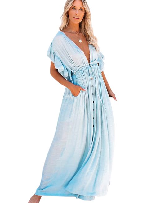 EDOLYNSA Women's V Neck Bikini Cover Up Summer Maxi Beach Dress High ...