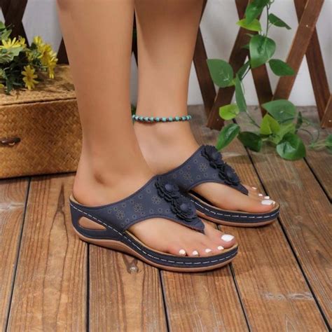 Jacenvly 2024 New Women's New Summer Floral Wedge Flip-Flops Dark Blue ...