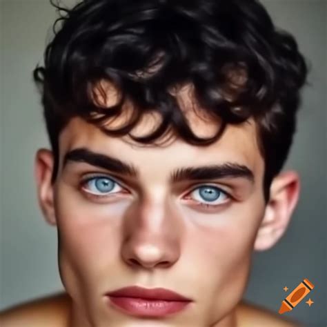 Close-up portrait of stoic young man with steel blue eyes and dark ...