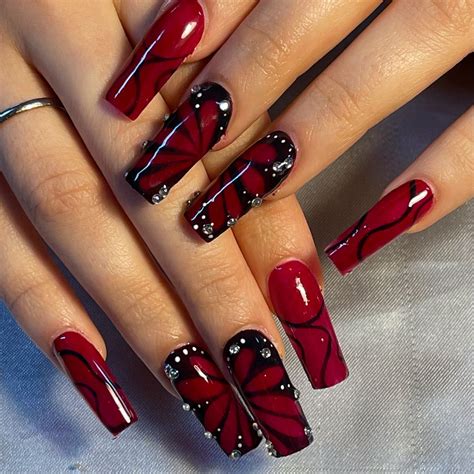 Red Gel X Butterfly Nails | Red nails, Red acrylic nails, Simple nails