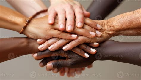 AI generated A pile of diverse hands on top of each other, symbolizing ...