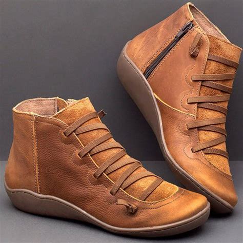UTTOASFAY Women Casual Flat Leather Retro Lace-Up Boots, Side Zipper ...