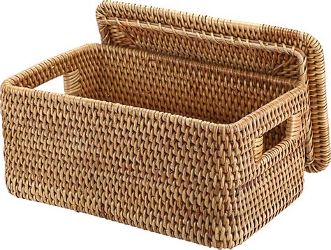 Amazon.com: Hipiwe Rattan Basket with Lid Rectangular Lidded Basket ...