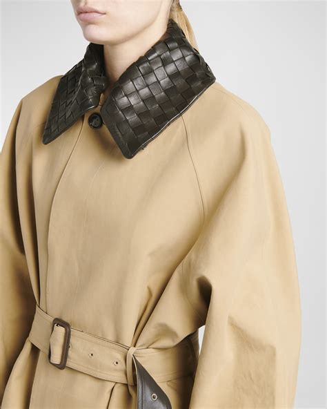 Bottega Veneta Waterproof Cotton Belted Trench Coat with Leather Collar ...