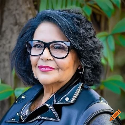 Detailed portrait of a glamorous older Latina woman with black hair and black glasses on Craiyon