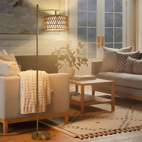 Netin Rattan Floor Lamps for Living Room, Gold Arc Floor Lamp Dimmable ...