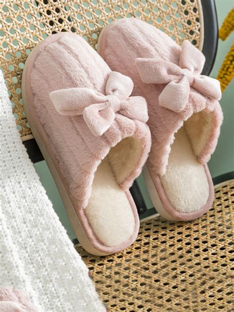 Bow Decor Fuzzy Bedroom Slippers,Bow Decorated, Warm, Thickened ...