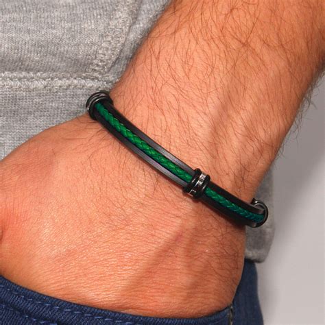 AryA Bracciale uomo verde in pelle, caucciù e acciaio 59MD
